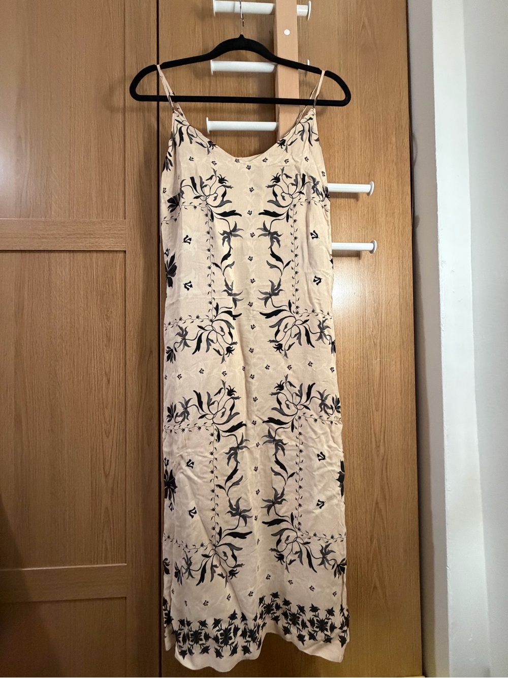 H&M Beige Slip Midi Dress with Black Floral Print